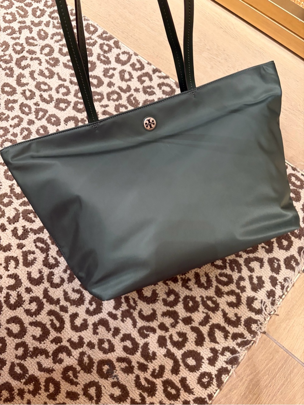 Tory Burch Electric Green Tote nylon tote bag zip closure logo accent gold